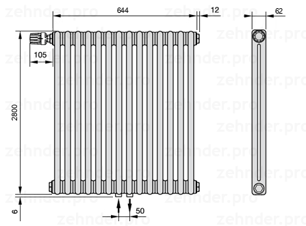 Схема (чертеж) Радиатор Zehnder Charleston 2280/14 №V007 Белый глянцевый RAL 9016